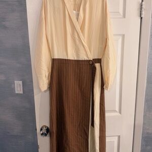 Cream and Brown Two-Tone Wrap Midi Dress